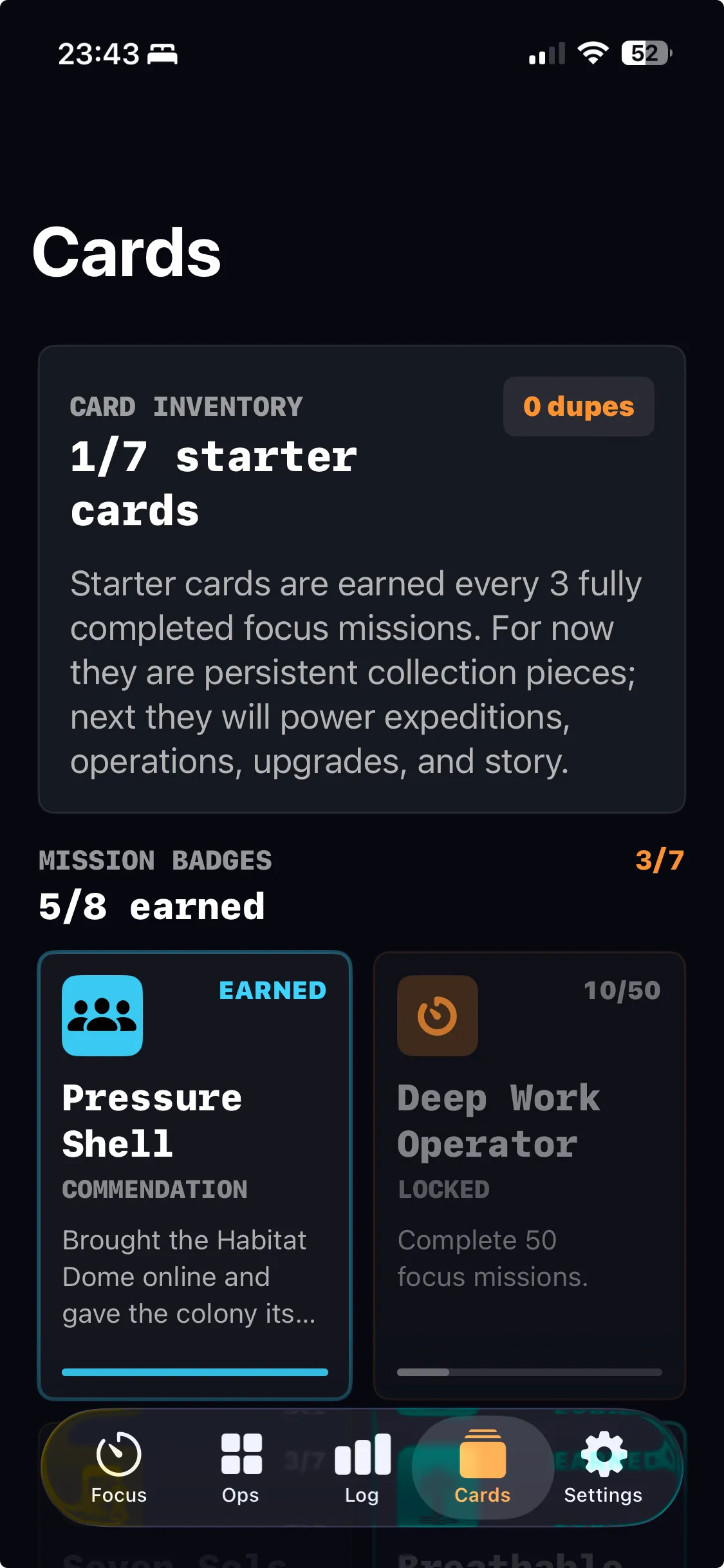 Card inventory and mission badges