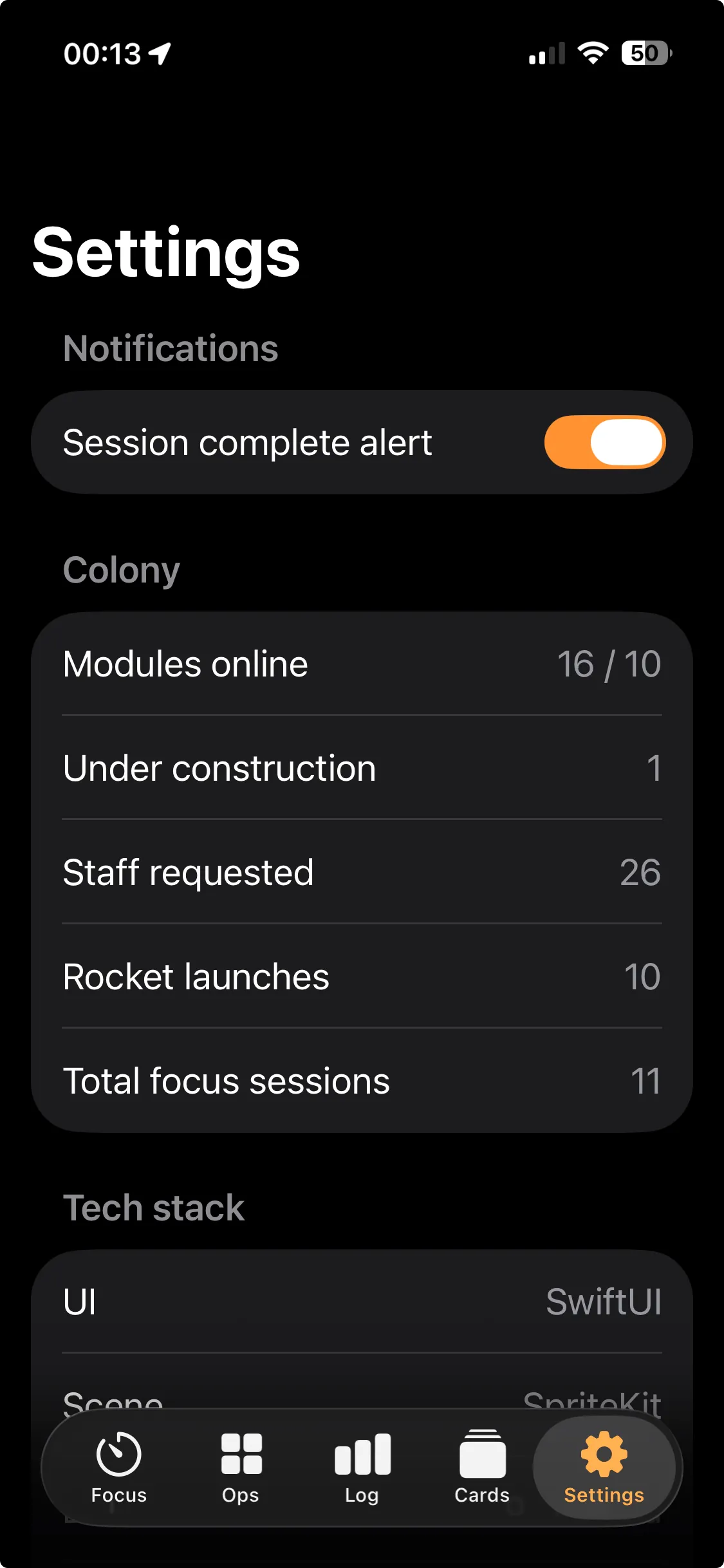 Settings screen with colony stats